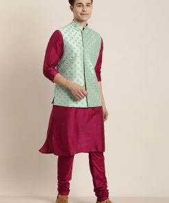 Vastramay Men's Embroidered Jacket With Fuchsia Pink Kurta Pyjama Set Rakhi