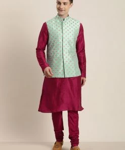 Vastramay Men's Embroidered Jacket With Fuchsia Pink Kurta Pyjama Set Rakhi