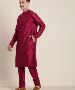 Vastramay Men's Embroidered Jacket With Fuchsia Pink Kurta Pyjama Set Rakhi