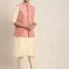 Vastramay Men's Pink Mirror Work Jacket And Cream Kurta Pyjama Set