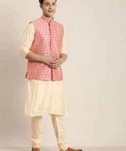 Vastramay Men's Pink Mirror Work Jacket And Cream Kurta Pyjama Set