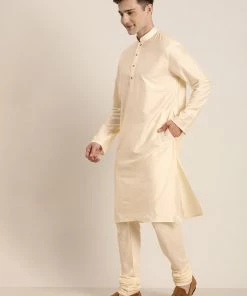 Vastramay Men's Pink Mirror Work Jacket And Cream Kurta Pyjama Set