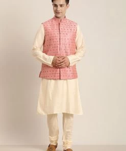 Vastramay Men's Pink Mirror Work Jacket And Cream Kurta Pyjama Set