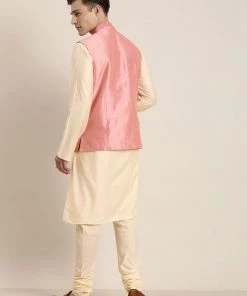 Vastramay Men's Pink Mirror Work Jacket And Cream Kurta Pyjama Set