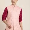 Vastramay Men's Pink Mirror Work Jacket With Fuchsia Pink Kurta Pyjama Set Rakhi