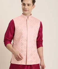 Vastramay Men's Pink Mirror Work Jacket With Fuchsia Pink Kurta Pyjama Set Rakhi