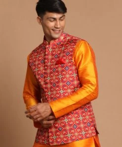 VASTRAMAY Maroon Patola Print Nehru Jacket Rakhi