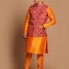 VASTRAMAY Maroon Patola Print Nehru Jacket With Orange Color Kurta Pyjama Set Jacket Kurta Sets