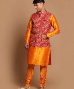 VASTRAMAY Maroon Patola Print Nehru Jacket With Orange Color Kurta Pyjama Set Jacket Kurta Sets