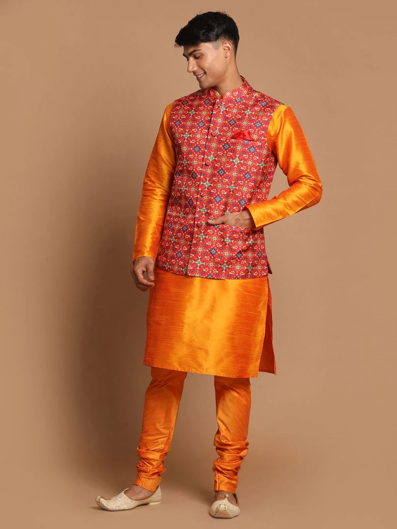 VASTRAMAY Maroon Patola Print Nehru Jacket With Orange Color Kurta Pyjama Set Jacket Kurta Sets 3 VASTRAMAY Maroon Patola Print Nehru Jacket With Orange Color Kurta Pyjama Set Jacket Kurta Sets
