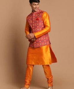 VASTRAMAY Maroon Patola Print Nehru Jacket With Orange Color Kurta Pyjama Set Jacket Kurta Sets 10 VASTRAMAY Maroon Patola Print Nehru Jacket With Orange Color Kurta Pyjama Set Jacket Kurta Sets
