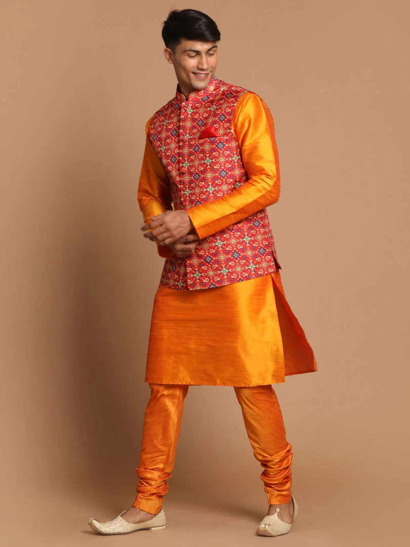 VASTRAMAY Maroon Patola Print Nehru Jacket With Orange Color Kurta Pyjama Set Jacket Kurta Sets 4 VASTRAMAY Maroon Patola Print Nehru Jacket With Orange Color Kurta Pyjama Set Jacket Kurta Sets