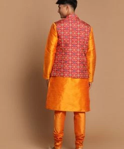 VASTRAMAY Maroon Patola Print Nehru Jacket With Orange Color Kurta Pyjama Set Jacket Kurta Sets 11 VASTRAMAY Maroon Patola Print Nehru Jacket With Orange Color Kurta Pyjama Set Jacket Kurta Sets