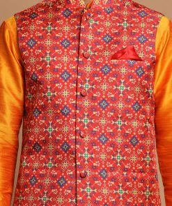 VASTRAMAY Maroon Patola Print Nehru Jacket With Orange Color Kurta Pyjama Set Jacket Kurta Sets 12 VASTRAMAY Maroon Patola Print Nehru Jacket With Orange Color Kurta Pyjama Set Jacket Kurta Sets
