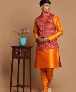 VASTRAMAY Maroon Patola Print Nehru Jacket With Orange Color Kurta Pyjama Set Jacket Kurta Sets 14 VASTRAMAY Maroon Patola Print Nehru Jacket With Orange Color Kurta Pyjama Set Jacket Kurta Sets