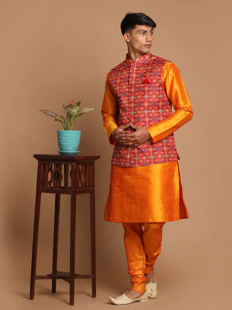 VASTRAMAY Maroon Patola Print Nehru Jacket With Orange Color Kurta Pyjama Set Jacket Kurta Sets 8 VASTRAMAY Maroon Patola Print Nehru Jacket With Orange Color Kurta Pyjama Set Jacket Kurta Sets