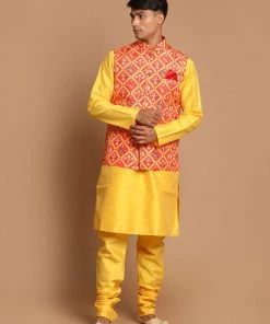 VASTRAMAY Red Patola Print Nehru Jacket With Yellow Color Kurta Pyjama Set