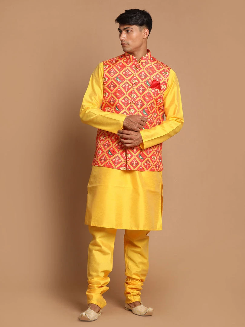 VASTRAMAY Red Patola Print Nehru Jacket With Yellow Color Kurta Pyjama Set 3 VASTRAMAY Red Patola Print Nehru Jacket With Yellow Color Kurta Pyjama Set