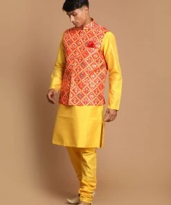 VASTRAMAY Red Patola Print Nehru Jacket With Yellow Color Kurta Pyjama Set