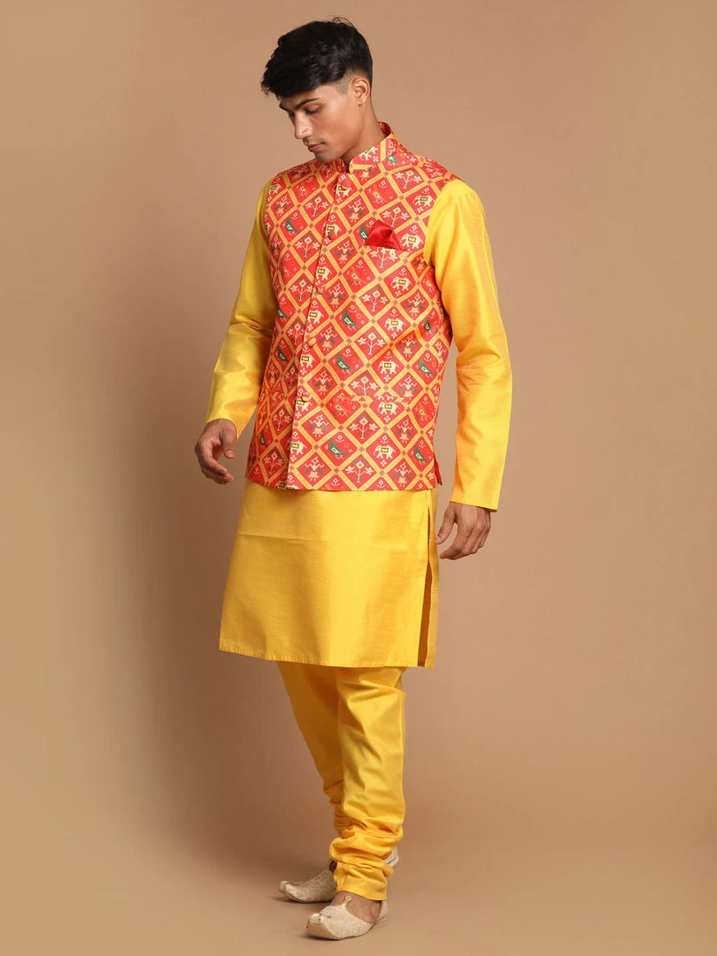 VASTRAMAY Red Patola Print Nehru Jacket With Yellow Color Kurta Pyjama Set 4 VASTRAMAY Red Patola Print Nehru Jacket With Yellow Color Kurta Pyjama Set