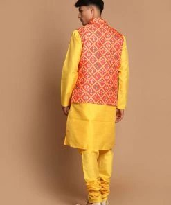 VASTRAMAY Red Patola Print Nehru Jacket With Yellow Color Kurta Pyjama Set 11 VASTRAMAY Red Patola Print Nehru Jacket With Yellow Color Kurta Pyjama Set