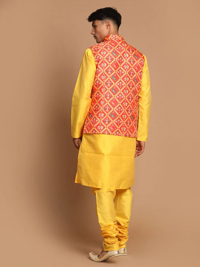 VASTRAMAY Red Patola Print Nehru Jacket With Yellow Color Kurta Pyjama Set 5 VASTRAMAY Red Patola Print Nehru Jacket With Yellow Color Kurta Pyjama Set