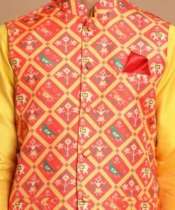 VASTRAMAY Red Patola Print Nehru Jacket With Yellow Color Kurta Pyjama Set 12 VASTRAMAY Red Patola Print Nehru Jacket With Yellow Color Kurta Pyjama Set
