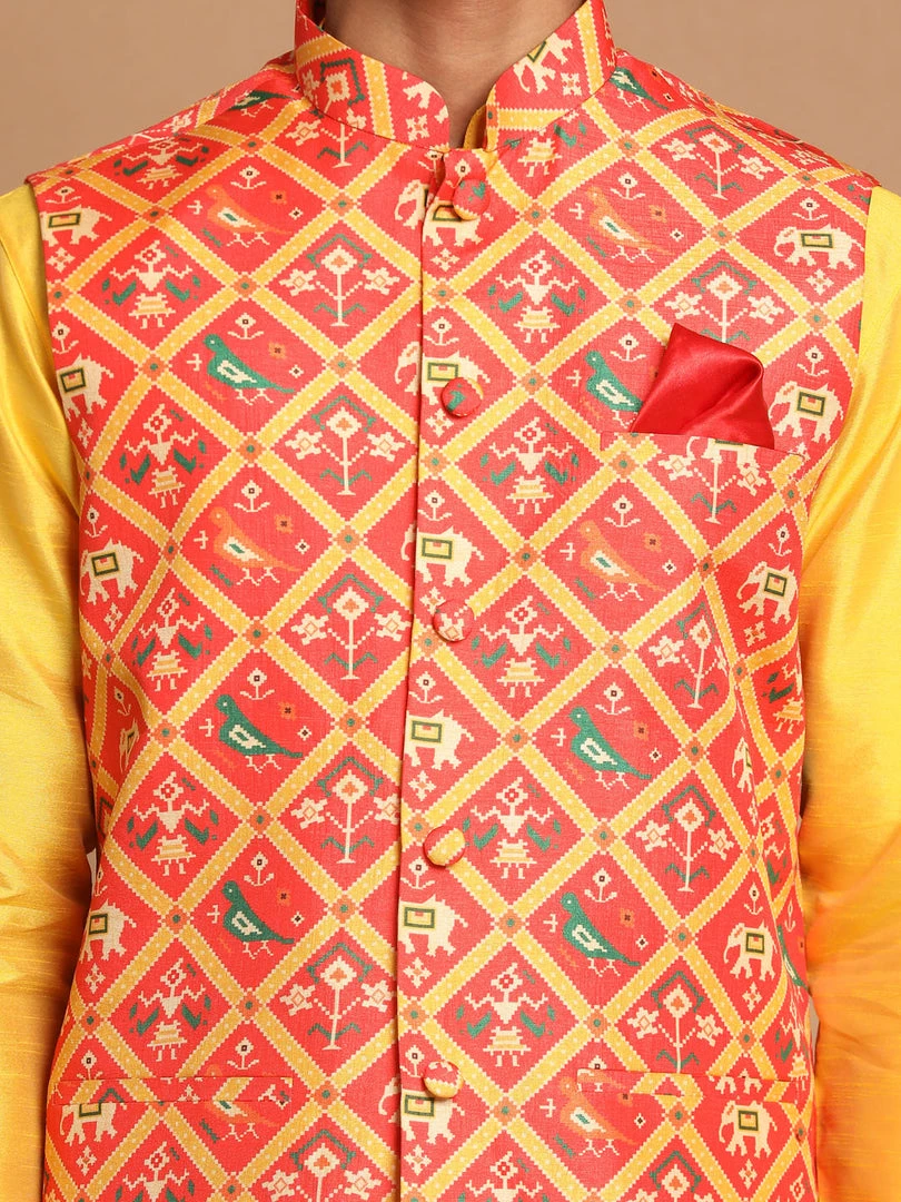 VASTRAMAY Red Patola Print Nehru Jacket With Yellow Color Kurta Pyjama Set 6 VASTRAMAY Red Patola Print Nehru Jacket With Yellow Color Kurta Pyjama Set