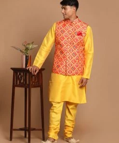 VASTRAMAY Red Patola Print Nehru Jacket With Yellow Color Kurta Pyjama Set 14 VASTRAMAY Red Patola Print Nehru Jacket With Yellow Color Kurta Pyjama Set