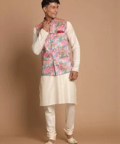 VASTRAMAY Men's Multi-Color Printed Nehru Jacket With Solid Kurta & Pyjama Set Jacket Kurta Sets