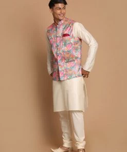 VASTRAMAY Men's Multi-Color Printed Nehru Jacket With Solid Kurta & Pyjama Set Jacket Kurta Sets