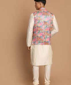 VASTRAMAY Men's Multi-Color Printed Nehru Jacket With Solid Kurta & Pyjama Set Jacket Kurta Sets