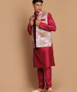 VASTRAMAY Men's Multi-Color Printed Nehru Jacket With Solid Kurta & Pyjama Set