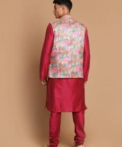 VASTRAMAY Men's Multi-Color Printed Nehru Jacket With Solid Kurta & Pyjama Set