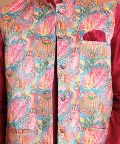 VASTRAMAY Men's Multi-Color Printed Nehru Jacket With Solid Kurta & Pyjama Set