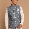 Vastramay VASTRAMY Men's Gray Mirror-Work Ethnic Jacket Nehru Jacket