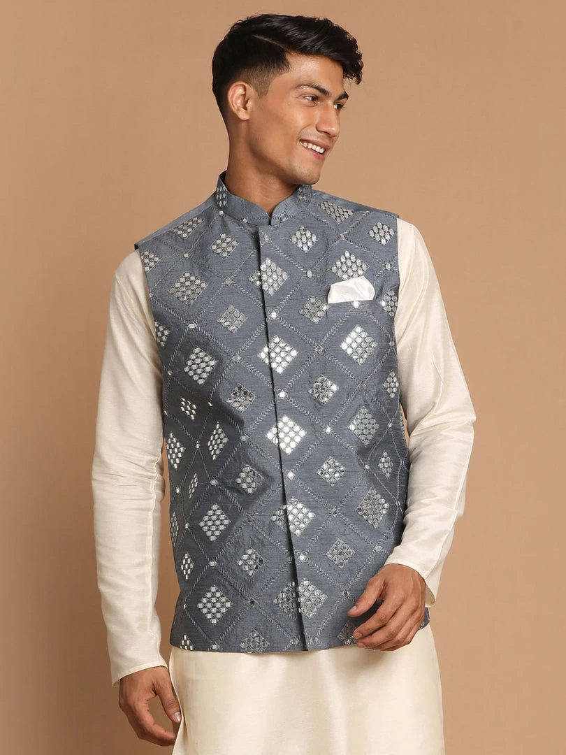 Vastramay VASTRAMY Men's Gray Mirror-Work Ethnic Jacket Nehru Jacket 3 Vastramay VASTRAMY Men's Gray Mirror-Work Ethnic Jacket Nehru Jacket