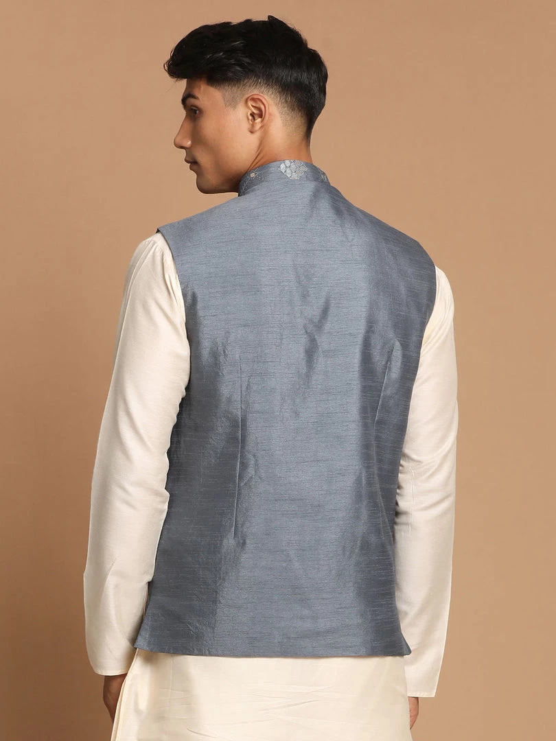 Vastramay VASTRAMY Men's Gray Mirror-Work Ethnic Jacket Nehru Jacket 5 Vastramay VASTRAMY Men's Gray Mirror-Work Ethnic Jacket Nehru Jacket