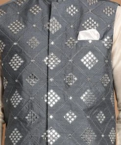 Vastramay VASTRAMY Men's Gray Mirror-Work Ethnic Jacket Nehru Jacket 11 Vastramay VASTRAMY Men's Gray Mirror-Work Ethnic Jacket Nehru Jacket