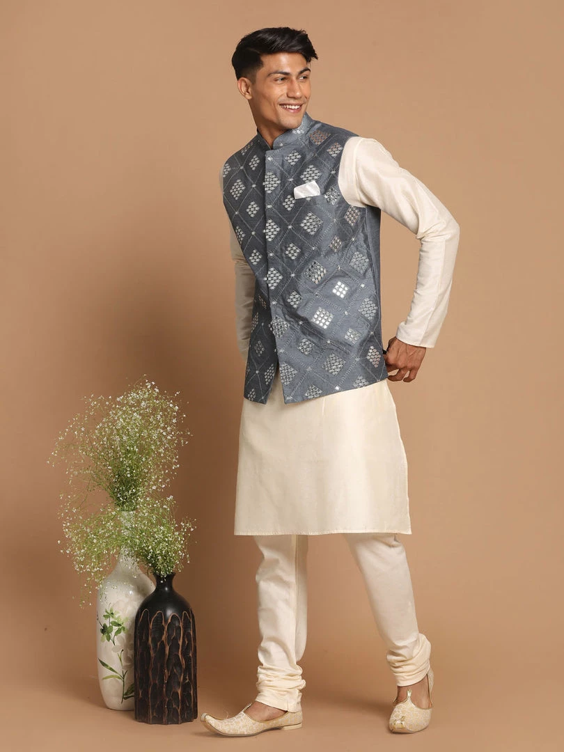 Vastramay VASTRAMY Men's Gray Mirror-Work Ethnic Jacket Nehru Jacket 7 Vastramay VASTRAMY Men's Gray Mirror-Work Ethnic Jacket Nehru Jacket
