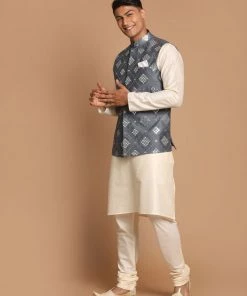 VASTRAMAY Men's Gray Mirror-Work Silk Blend Nehru Jacket With Solid Kurta & Pyjama Set