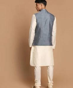 VASTRAMAY Men's Gray Mirror-Work Silk Blend Nehru Jacket With Solid Kurta & Pyjama Set