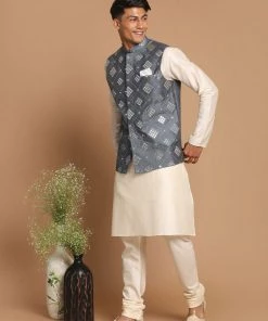 VASTRAMAY Men's Gray Mirror-Work Silk Blend Nehru Jacket With Solid Kurta & Pyjama Set