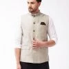 VASTRAMAY Men's Beige Silk Blend Nehru Jackets
