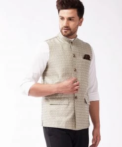 VASTRAMAY Men's Beige Silk Blend Nehru Jackets