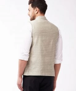 VASTRAMAY Men's Beige Silk Blend Nehru Jackets