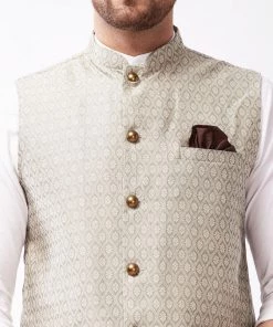 VASTRAMAY Men's Beige Silk Blend Nehru Jackets