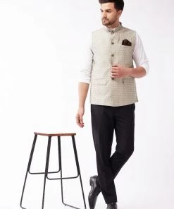 VASTRAMAY Men's Beige Silk Blend Nehru Jackets