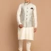 VASTRAMAY Men's Beige Jacket With Cream Coloured Kurta With Pajama Set