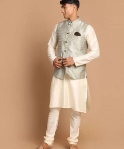 VASTRAMAY Men's Beige Jacket With Cream Coloured Kurta With Pajama Set 9 VASTRAMAY Men's Beige Jacket With Cream Coloured Kurta With Pajama Set